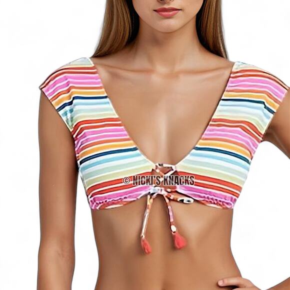 Decree Striped Lace Up Bralette Bikini Top Multicolor Swimsuit Size M - Picture 9 of 10